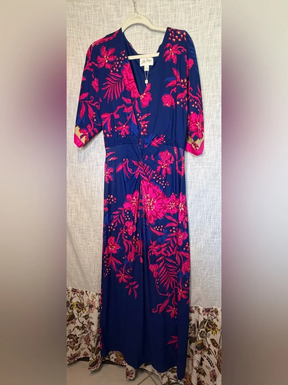 Lilly Pulitzer Blue Maxi Dress with Bright Pink Floral Print